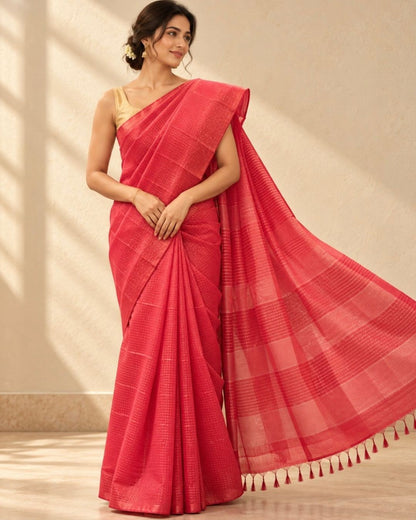 Red Hand Woven Chhattisgarh Tussar Silk Saree