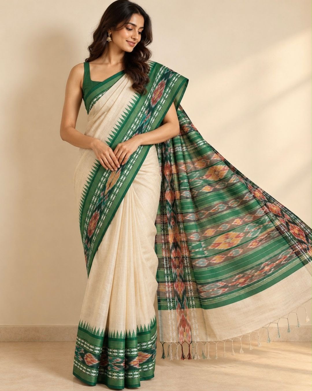 Beige Green Temple Border Chhattisgarh Tussar Silk Saree