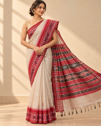 Beige Red Temple Border Chhattisgarh Tussar Silk Saree