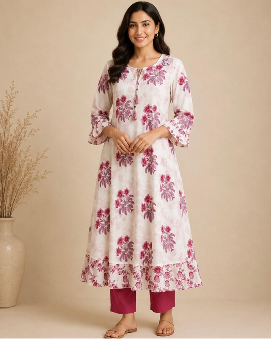 A woman modeling a white cotton kurta with pink floral prints and magenta pants, standing against a beige studio background with a decorative vase on the left.