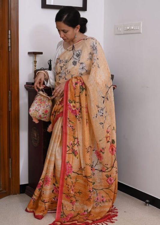 Yellow floral Linen Saree