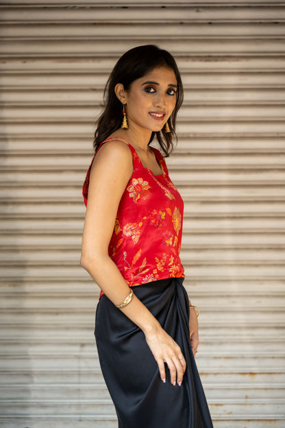 Red Printed Floral Modal Sleeveless Square Neck Strappy Blouse (Copy)