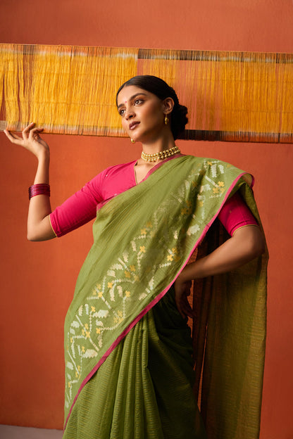 Green Jamdani Zari Lines Cotton Saree