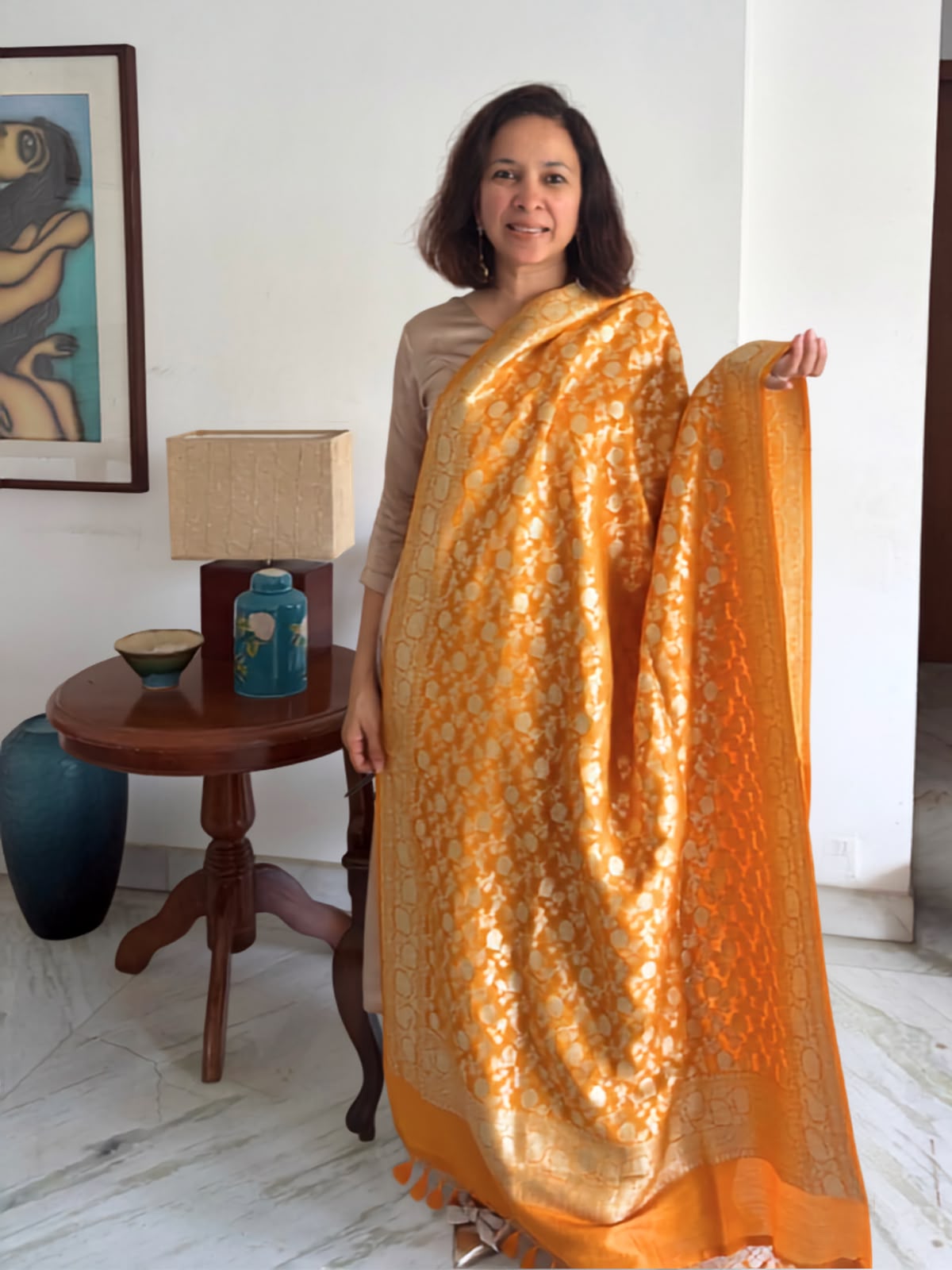 Orange Banarasi Muga Silk Dupatta