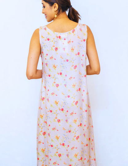 Beige Floral Printed Modal Sleeveless Dress