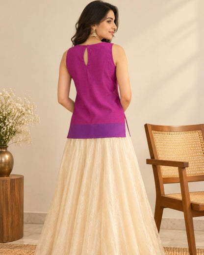 Purple Round Neck Chanderi Silk Cotton Blouse