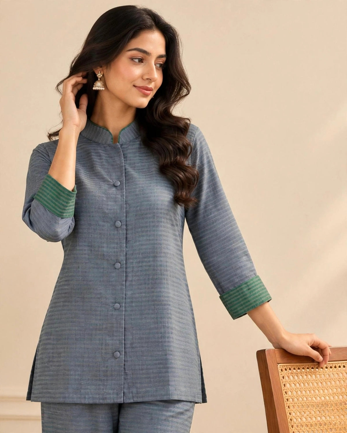 Grey Ribbed Mandarin Collar Tussar Silk Cotton Tunic