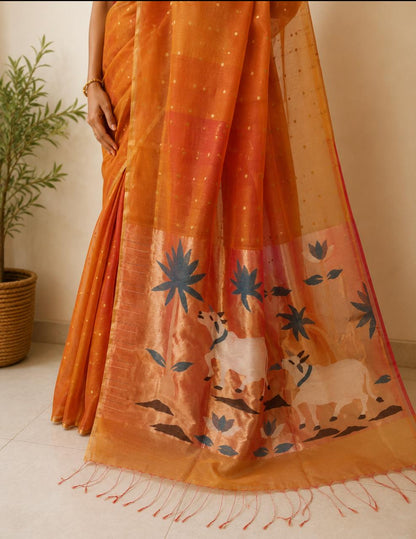 Orange woven Sequins Organza Silk Saree