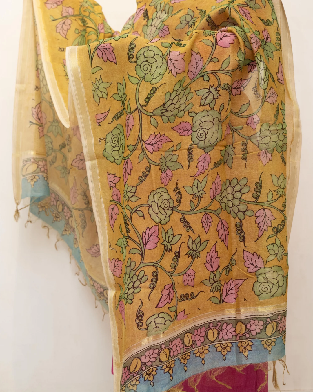 Yellow 1 Pen Kalamkari Silk Dupatta