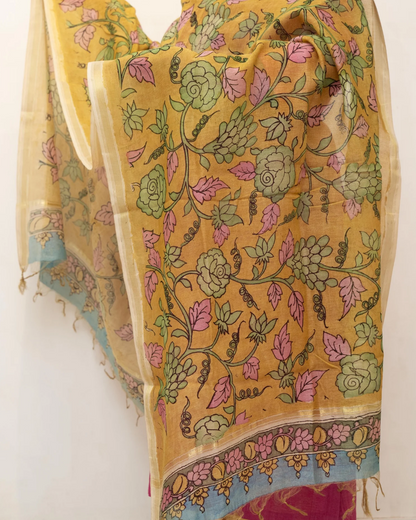 Yellow 1 Pen Kalamkari Silk Dupatta