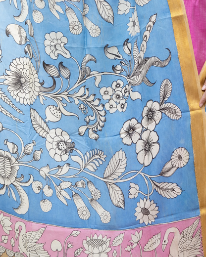 Blue 3 Pen Kalamkari Silk Dupatta
