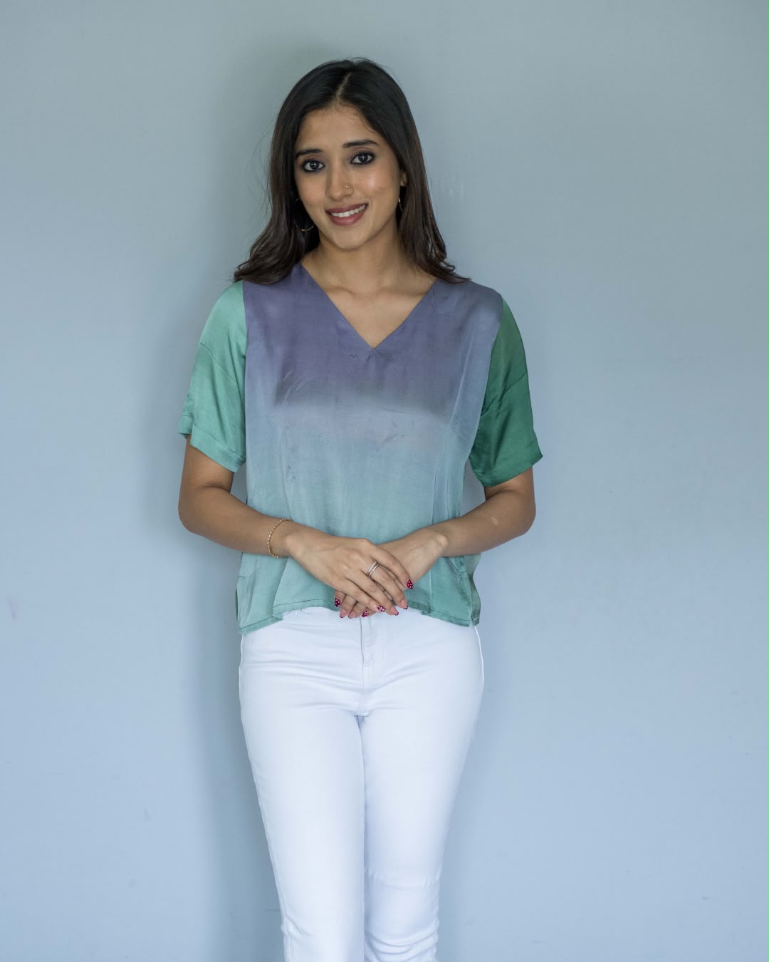 Green Grey Modal V Neck Top