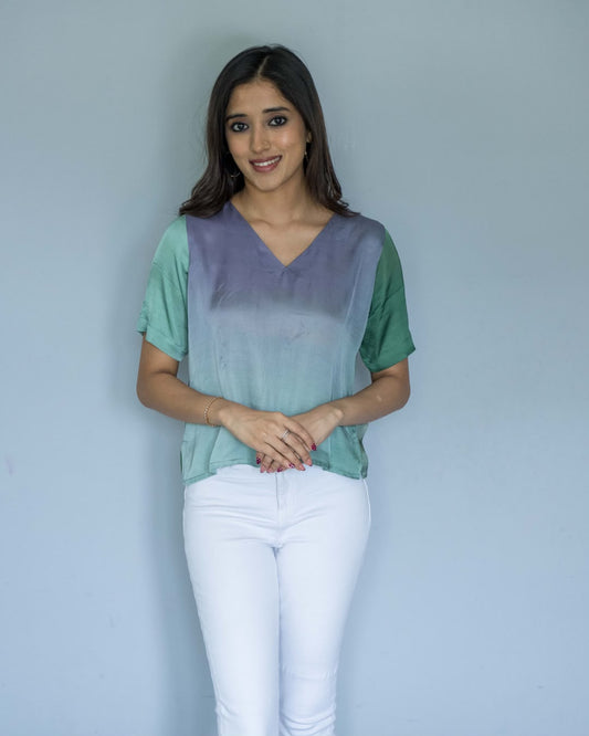 Green Grey Modal V Neck Top