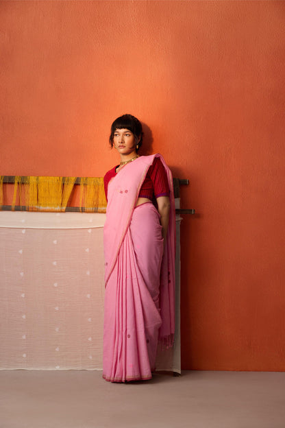 Pink Jamdani Zari Lines Cotton Saree