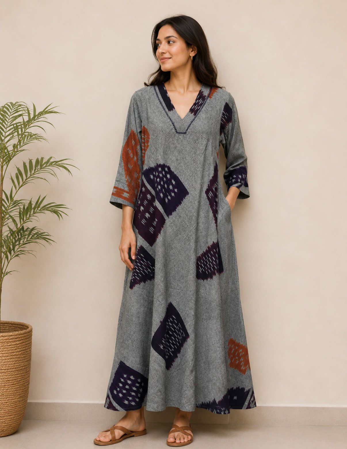Grey V Neck Ikat Cotton Dress