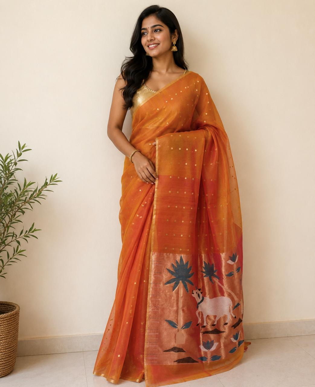 Orange woven Sequins Organza Silk Saree