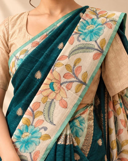 Teal Green with Cream Kalamkari Floral Border and Zari Buttas Tussar Silk Saree