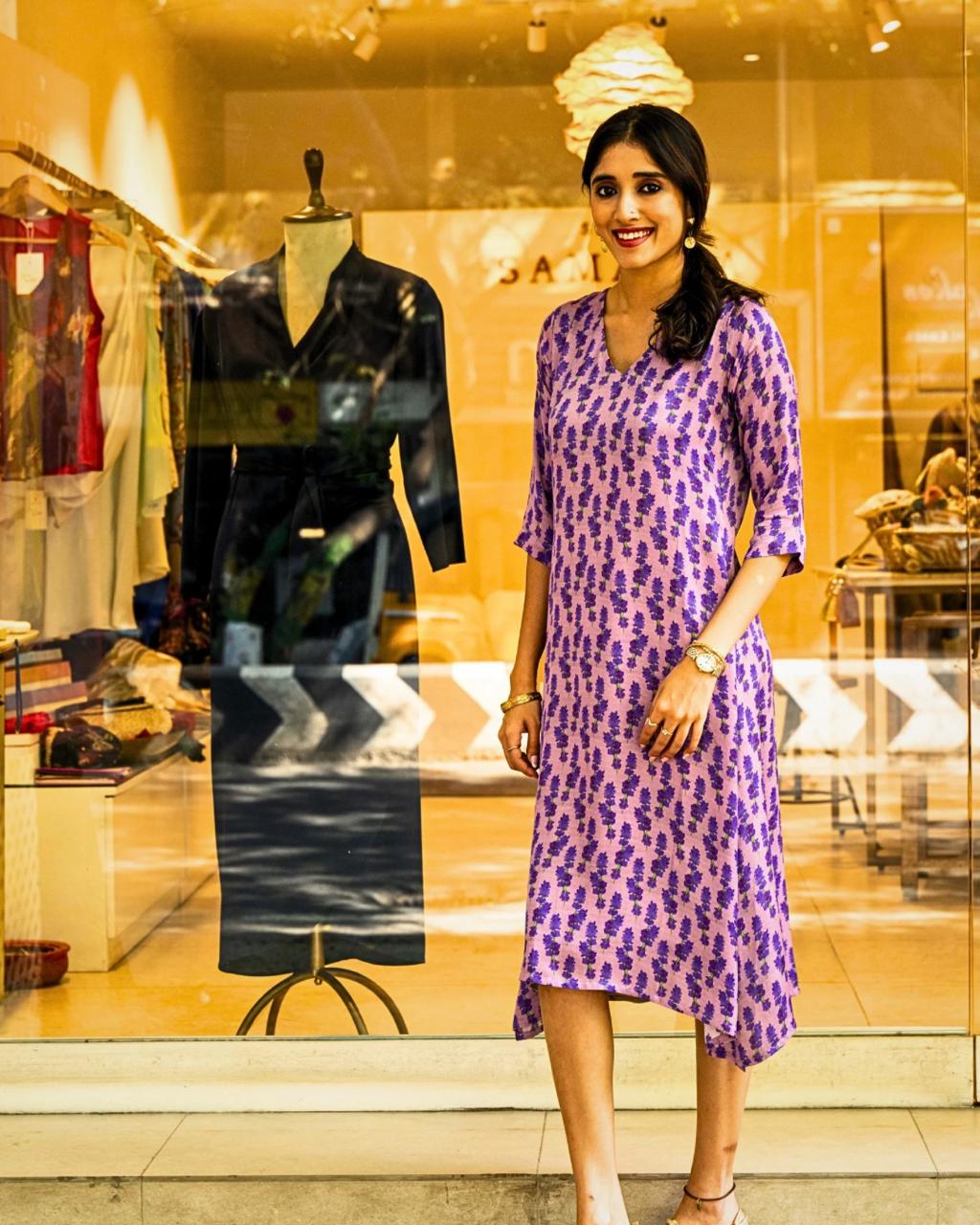 Lavender V Neck Floral Print Modal Dress