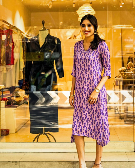 Lavender V Neck Floral Print Modal Dress