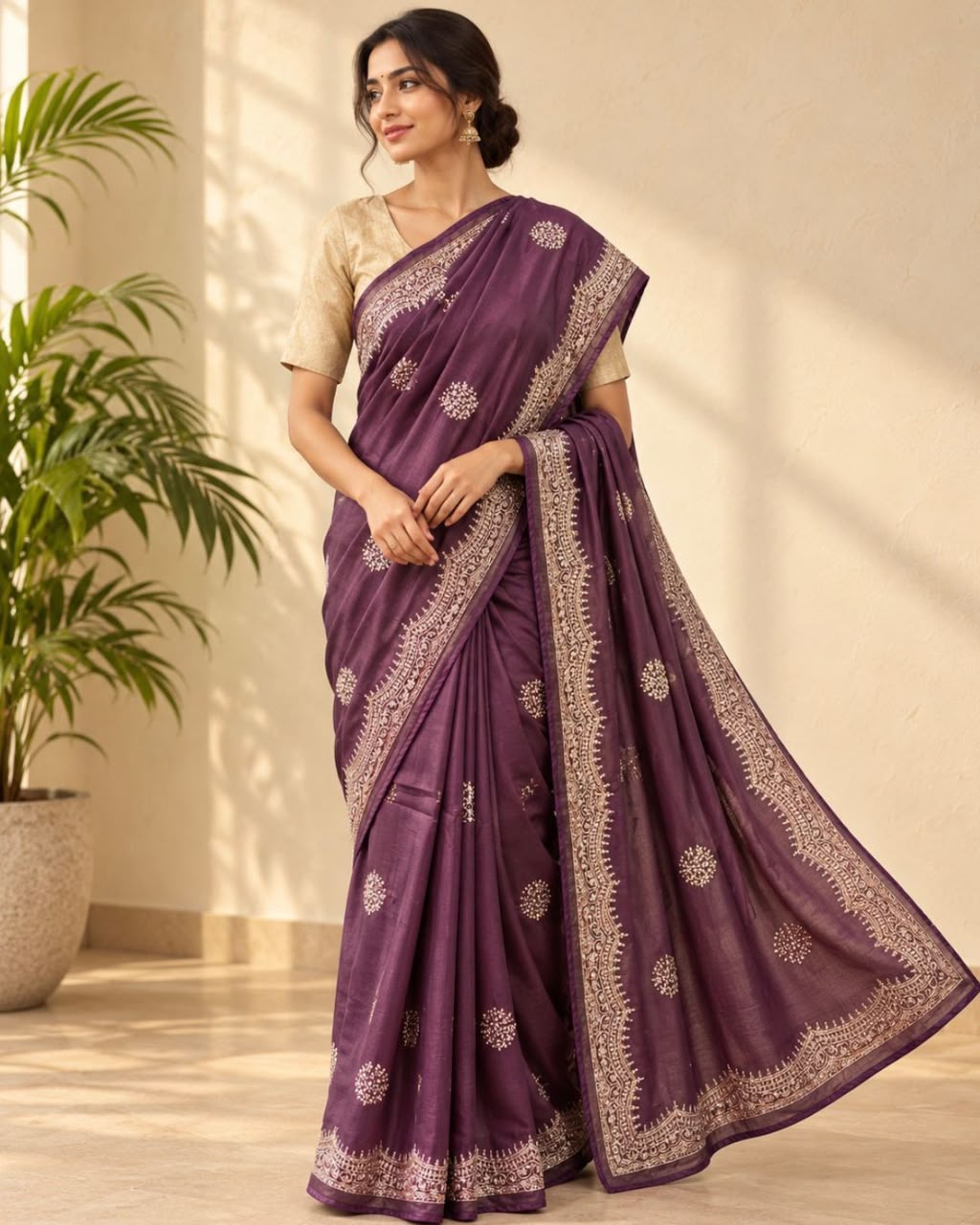 Plum Purple Floral Buttas Heavy Gold Zardosi Border Embroidery Tussar Silk Saree