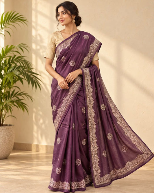 Plum Purple Floral Buttas Heavy Gold Zardosi Border Embroidery Tussar Silk Saree
