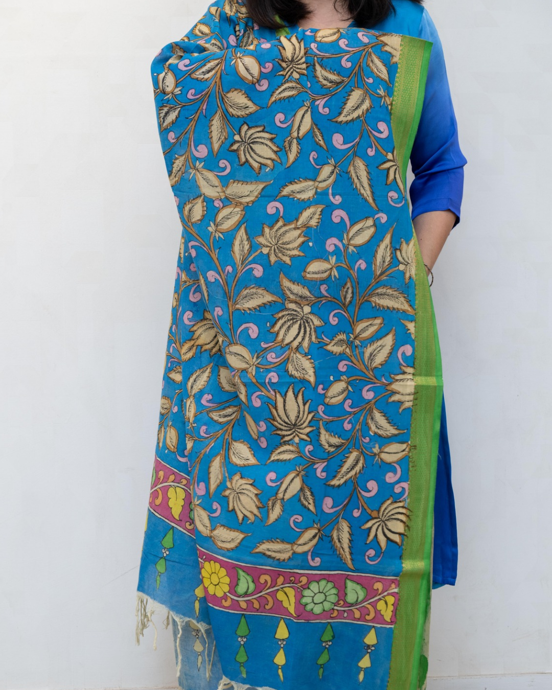 Blue 4 Pen Kalamkari Silk Dupatta