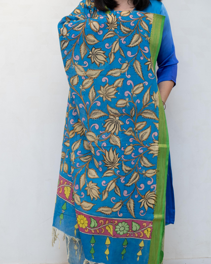 Blue 4 Pen Kalamkari Silk Dupatta