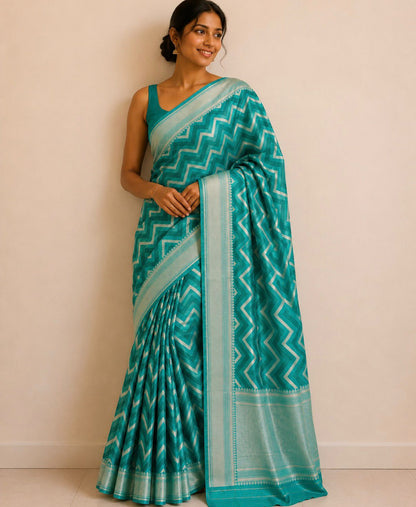 Teal Green Zigzag Banarasi Katan Silk Saree