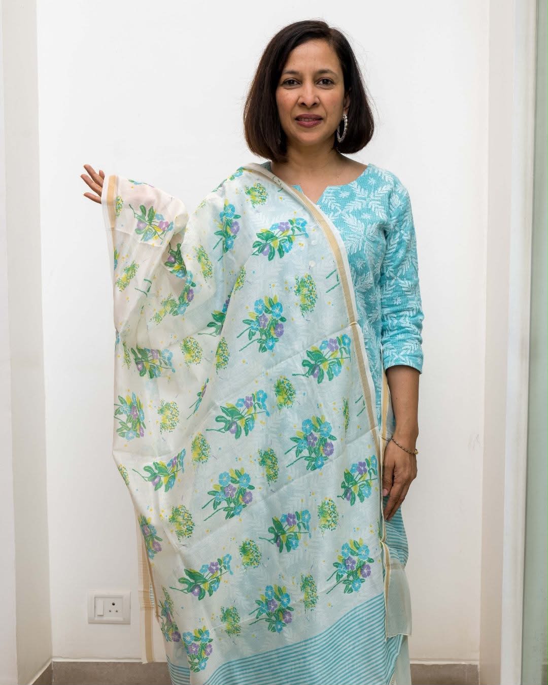 White Silk Cotton Multi Colour Floral Block Print Dupatta