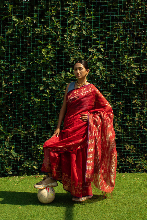 Red Gold Tissue Jamdani Khadi Silk Saree