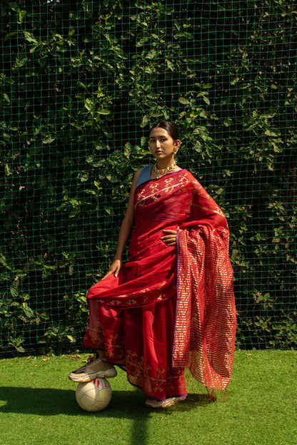 Red Gold Tissue Jamdani Khadi Silk Saree