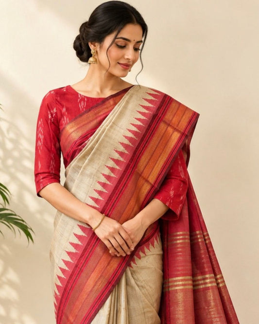 Beige Red Temple Border Chattisgarh Tussar Silk Saree - samasta.in #