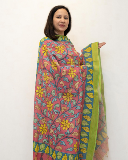 Pink 4 Pen Kalamkari Silk Dupatta