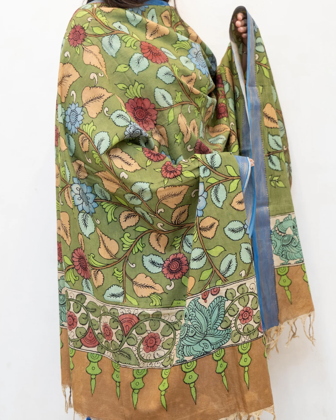 Green 4 Pen Kalamkari Silk Dupatta