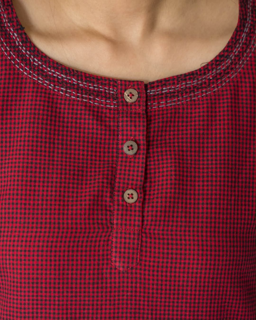 Maroon Checks Embroidered Cotton Dress