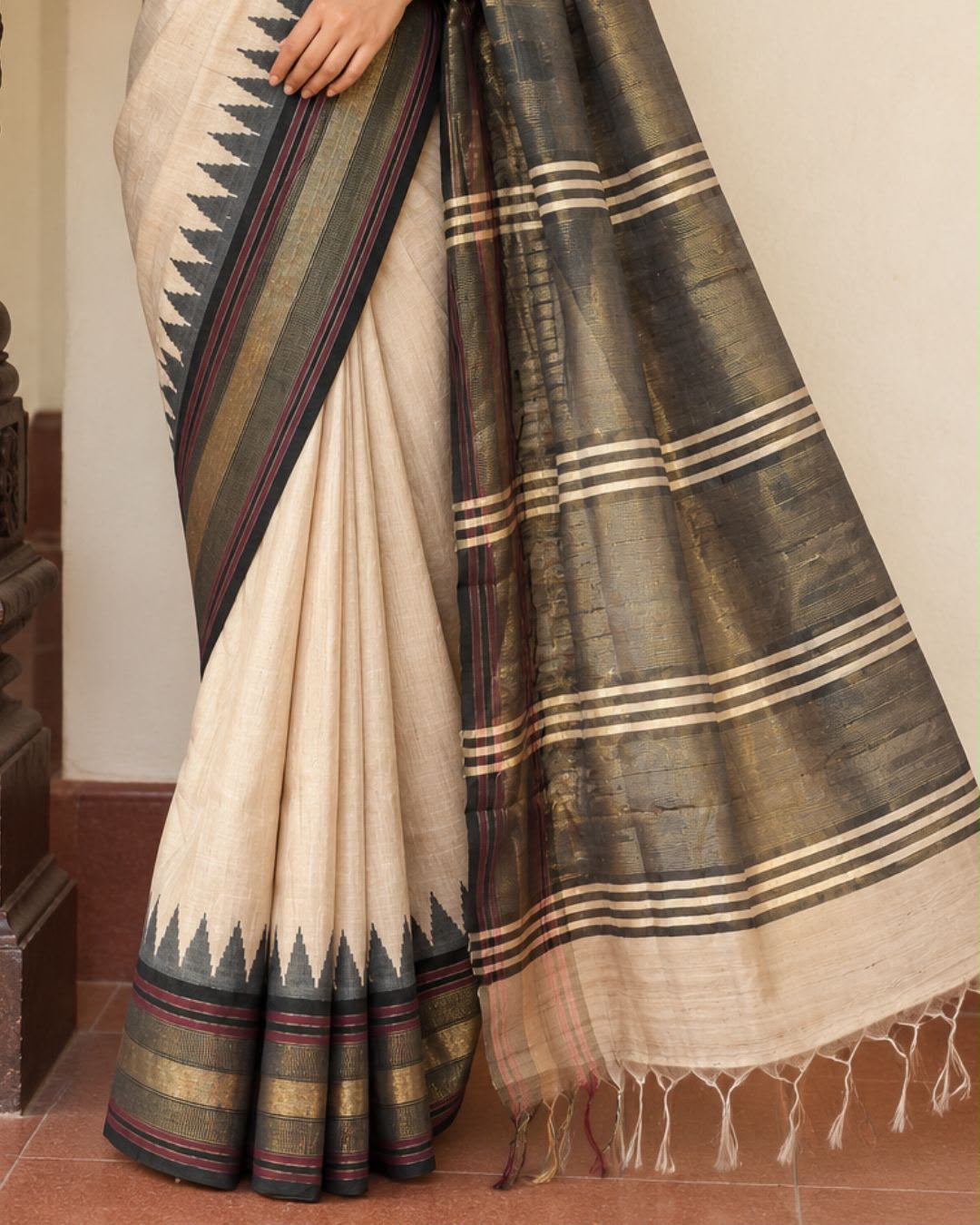 Beige Black Temple Border Chattisgarh Tussar Silk Saree
