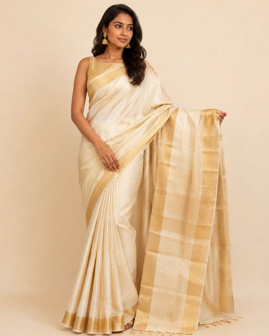 Cream Gold Border Tussar Silk Saree