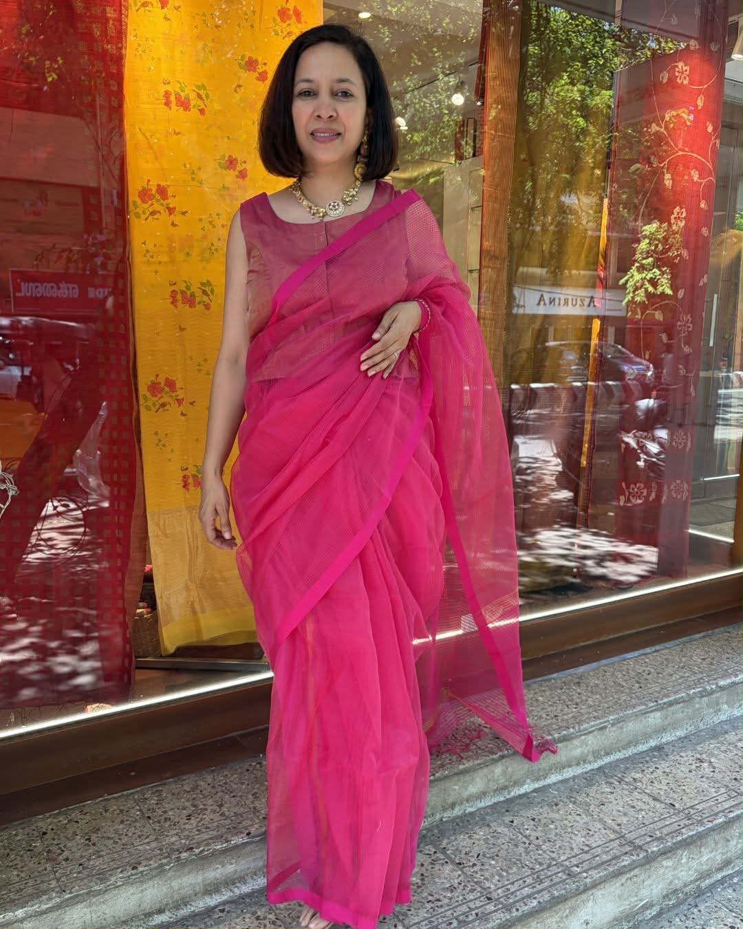 Pink Checks Organza Silk Kota Fulia Saree