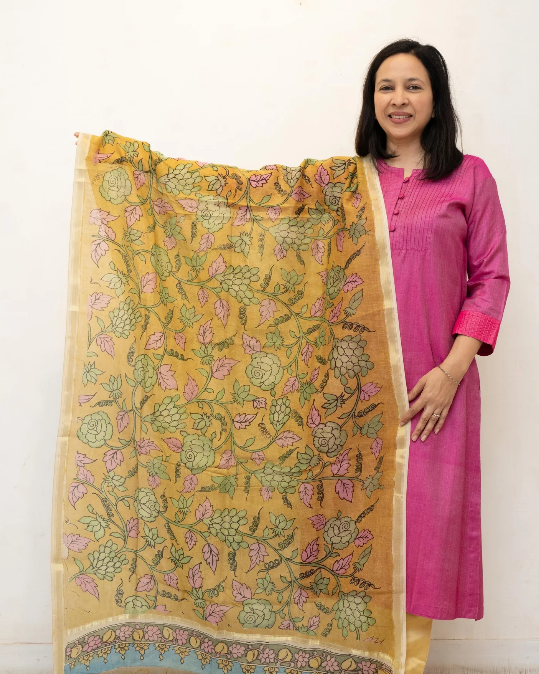 Yellow 1 Pen Kalamkari Silk Dupatta