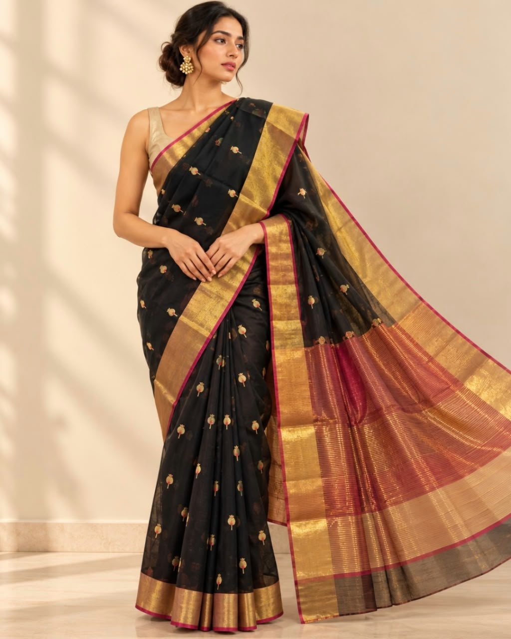 Black Gold Pomegranate Jamdani Butta Marm Chanderi Silk Cotton Saree