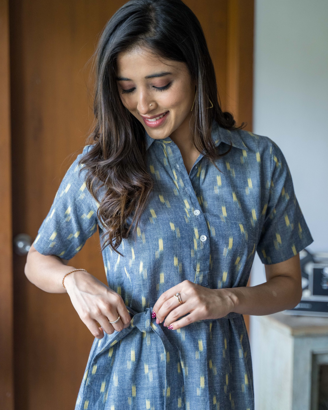 Grey Ikat Belted Shirt Dress