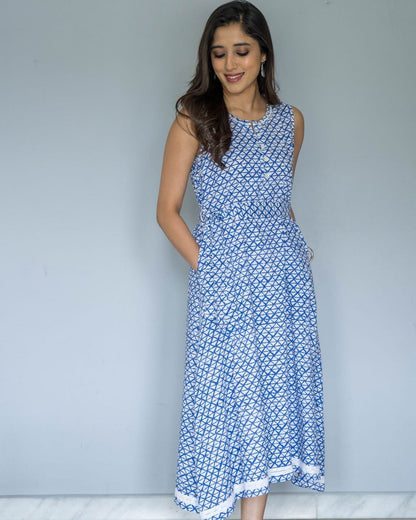 White Blue Geometric Sleeveless Vest Belt Cotton Dress