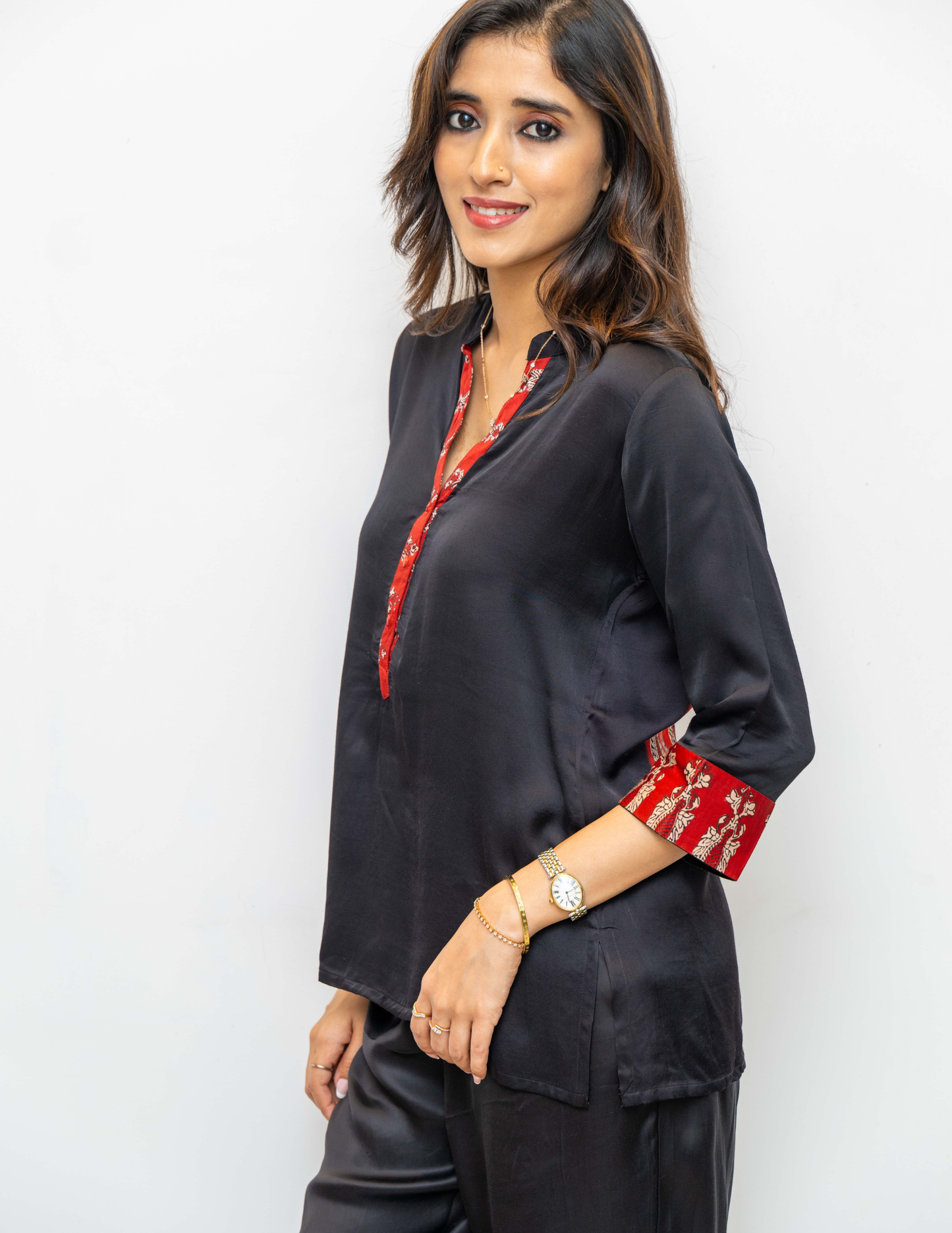 Black Red Ajrakh Printed Modal Silk Tunic