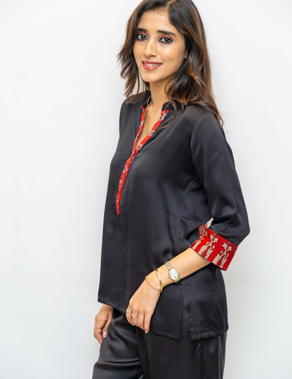 Black Red Ajrakh Printed Modal Silk Tunic
