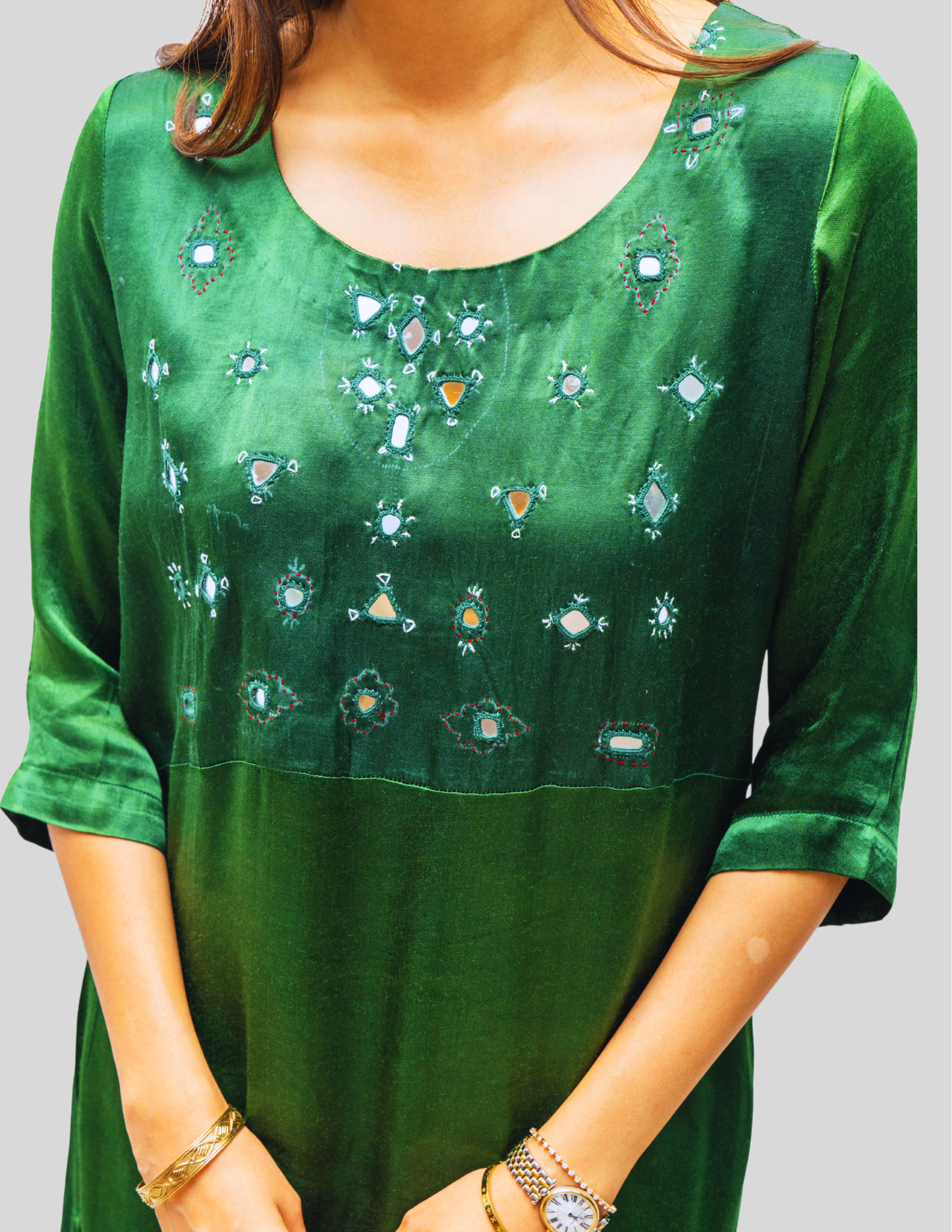 Green Hand Embroidery Mashru Silk Kurta