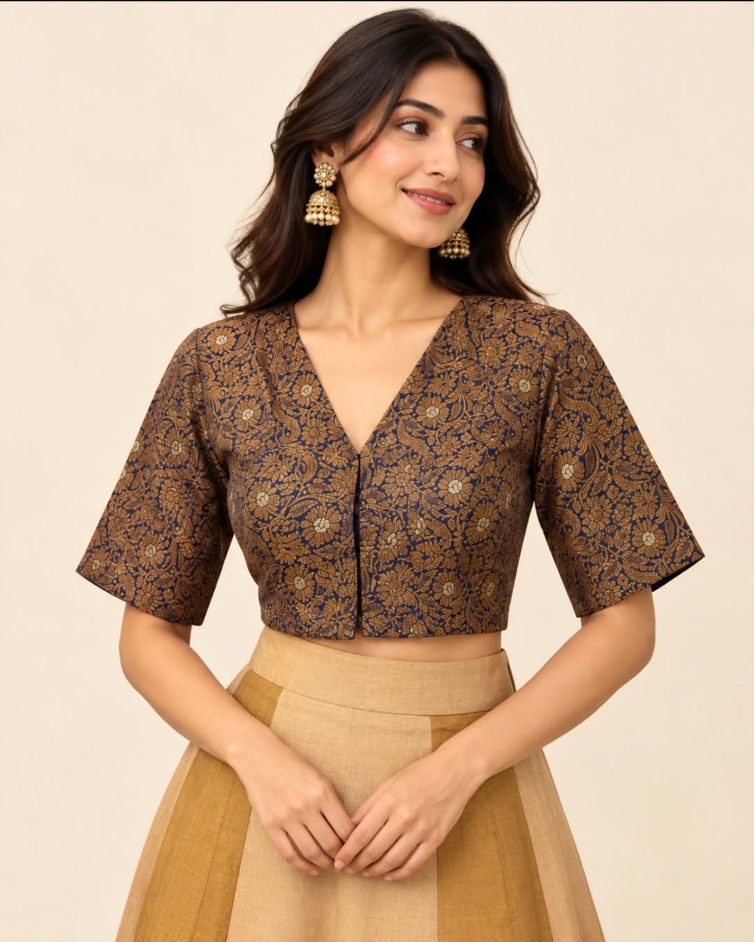 Blue V Neck Benarasi Brocade Silk Blouse