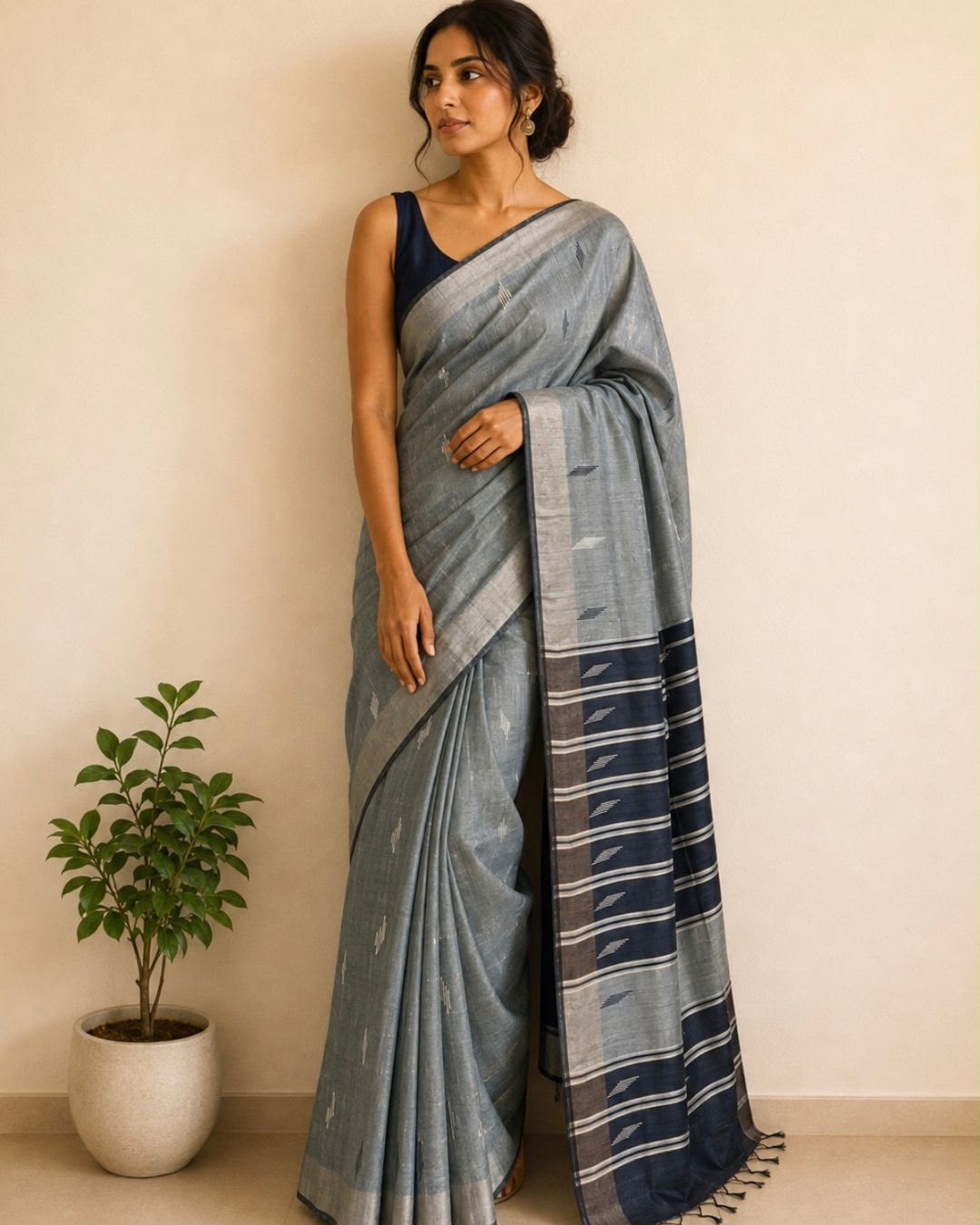 Grey Bhagalpur Tussar Silk Saree