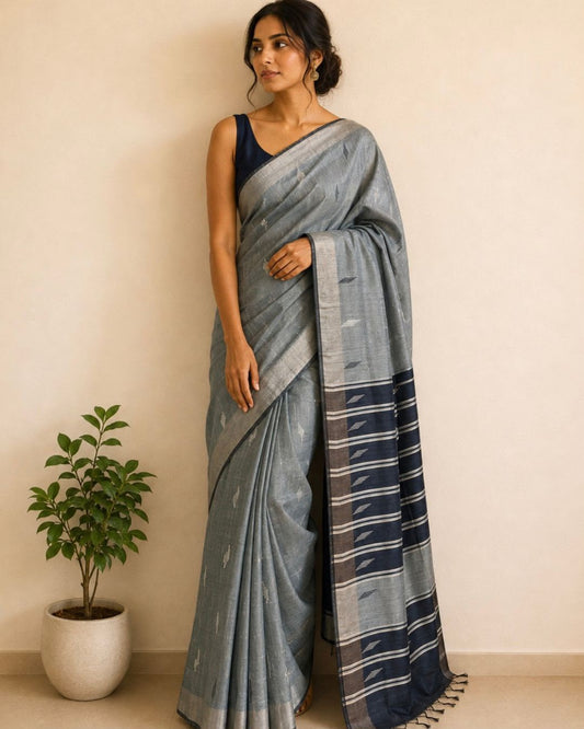 Grey Bhagalpur Tussar Silk Saree