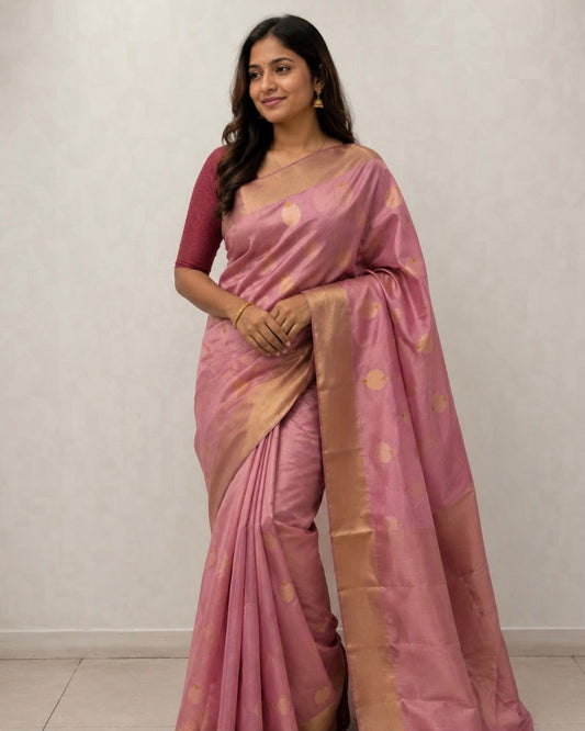 Pink Gold Border Butta Chanderi Silk Saree
