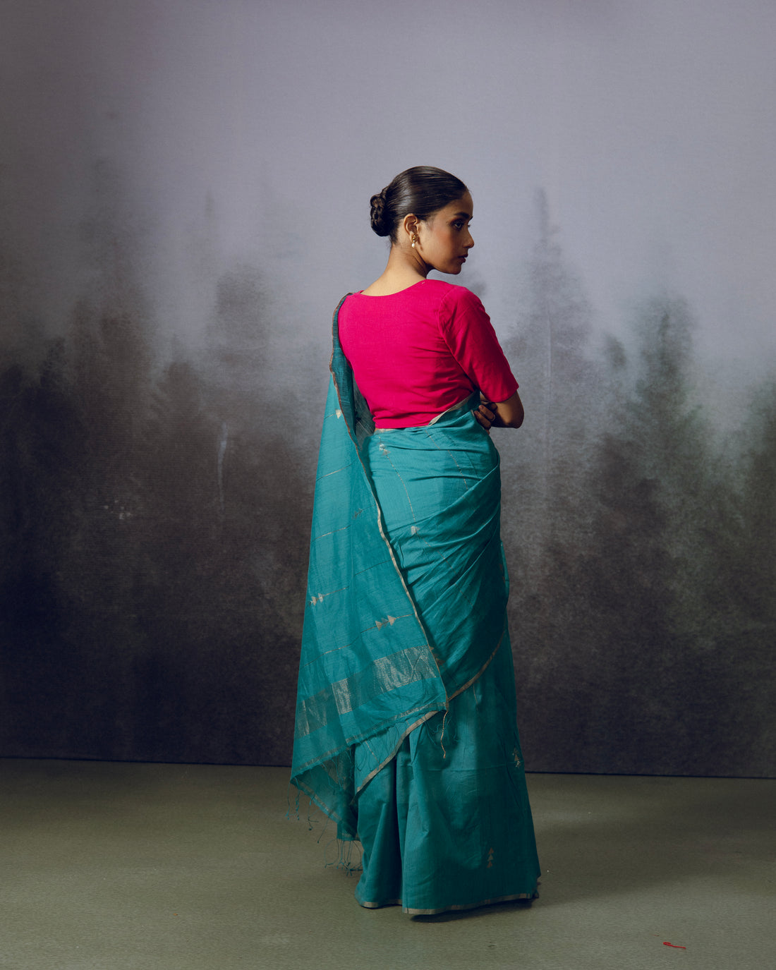 Teal Blue Jamdani Khadi Silk Saree